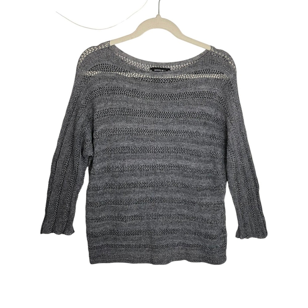 Lafayette 148 Medium Metallic Gray Linen Open Knit Boat Neck Pointelle Sweater